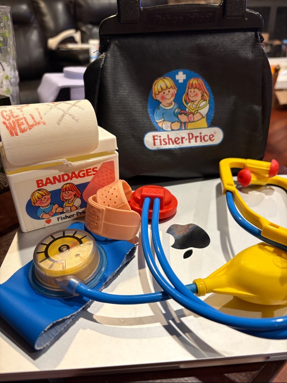 Vintage Fisher-Price Black Doctor Bag with Stethoscope Blood Pressure Cuff & ban